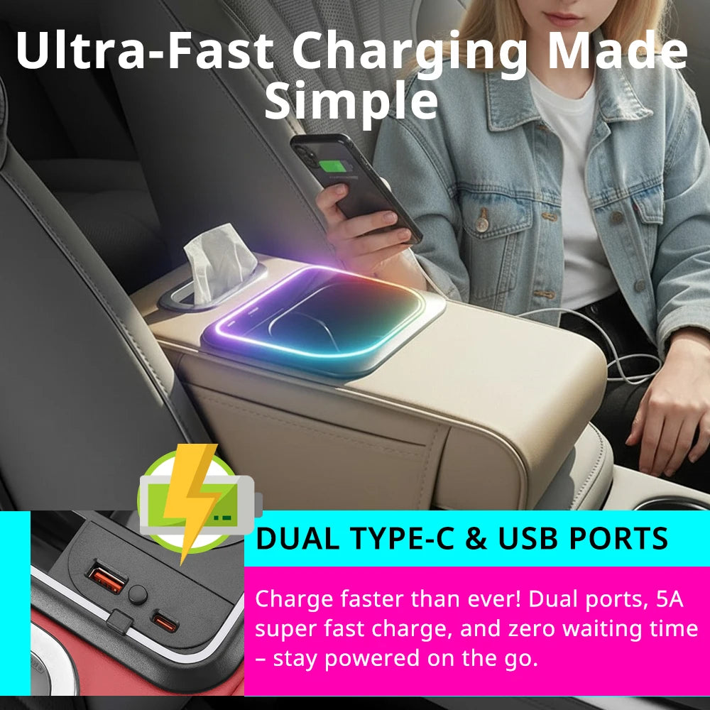 Multi-Functional Car Armrest Cushion with Storage Organizer, Cup Holder, Tissue Slot & Phone Holder - Delicate Leather