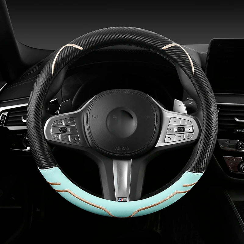 Carbon Fiber Style Leather Steering Wheel Cover – 38cm Anti-Slip Universal Fit - Delicate Leather