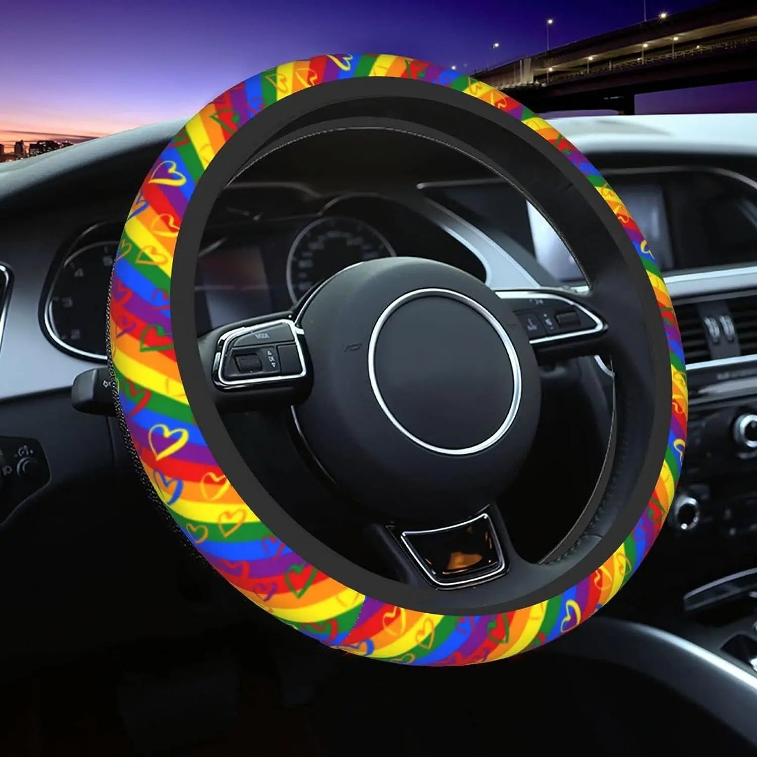 Retro Rainbow Stripes Steering Wheel Cover for Women, Bright Rainbows, Colorful Car Steering Wheel Cover Cute, Car Wheel Cover, Aesthetic Car Decor, Car Gift, Car Accessories 27 - Delicate Leather