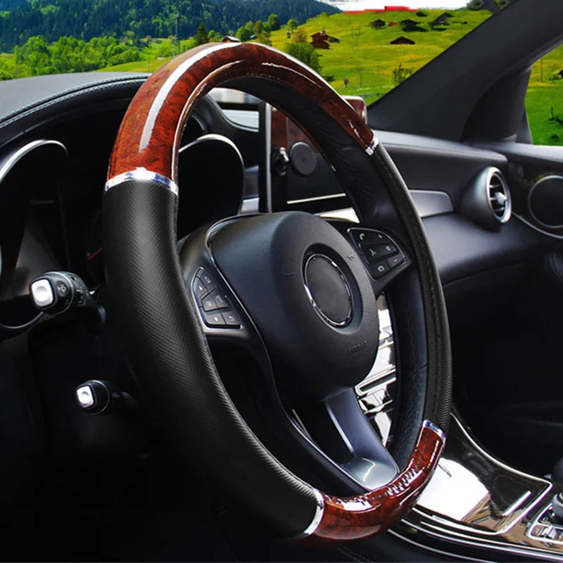 Universal Wood-Grain Leather Steering Wheel Cover – Soft, Anti-Slip, All-Season Fit for 14.5 - 15 inches Wheels - Delicate Leather