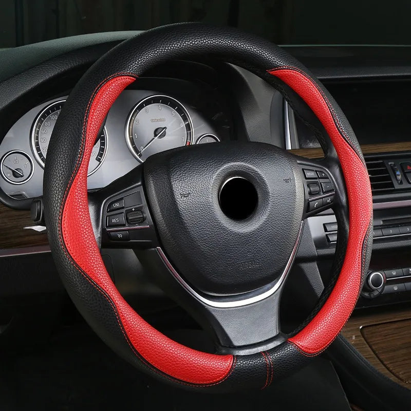 PU Leather Steering Wheel Cover – Anti-Slip 15 Inch Universal Round Interior Accessory - Delicate Leather