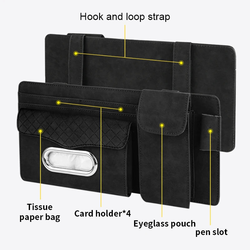 Suede Car Sun Visor Organizer – Glasses Case, Tissue Holder & Multi-Pocket Storage - Delicate Leather