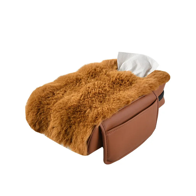 Plush Car Armrest Cushion with Tissue Box – Winter Fluffy Center Console Cover - Delicate Leather