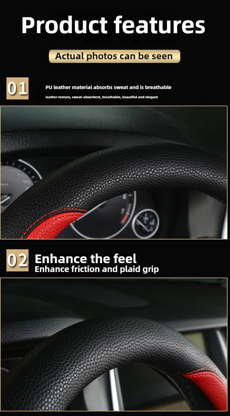 PU Leather Steering Wheel Cover – Anti-Slip 15 Inch Universal Round Interior Accessory - Delicate Leather