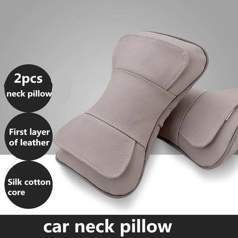 Genuine Leather Car Seat Headrest Pillow – Ergonomic Neck Support Cushion, Universal Auto Interior Accessory (2PCS)