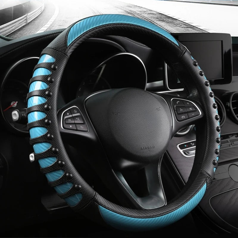Carbon Fiber Leather Steering Wheel Cover – Universal Non-Slip Grip, Breathable Interior Car Accessory for 14.5–15 Inch Wheels - Delicate Leather