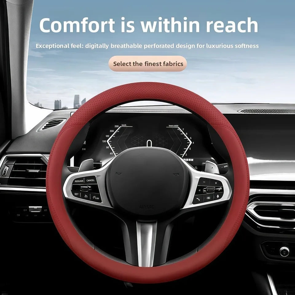 Premium Nappa Leather Steering Wheel Cover – Laser Perforated, Non-Slip Grip, Universal 14.6–15 Inch - Delicate Leather
