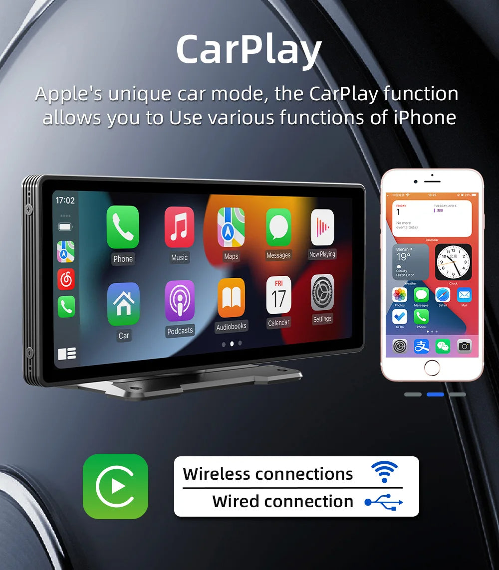 Portable 10.26 Inch Wireless CarPlay Screen – BQCC with HD Rear Reversing Camera, MP5, DVR, Android Auto Support 17 - Delicate Leather