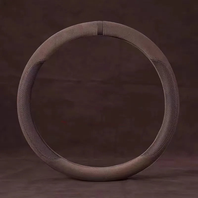 Universal Suede Steering Wheel Cover – Ultra-Thin Non-Slip D-Shape & Round Fit, Breathable All-Season Leather Protector 37–38cm - Delicate Leather