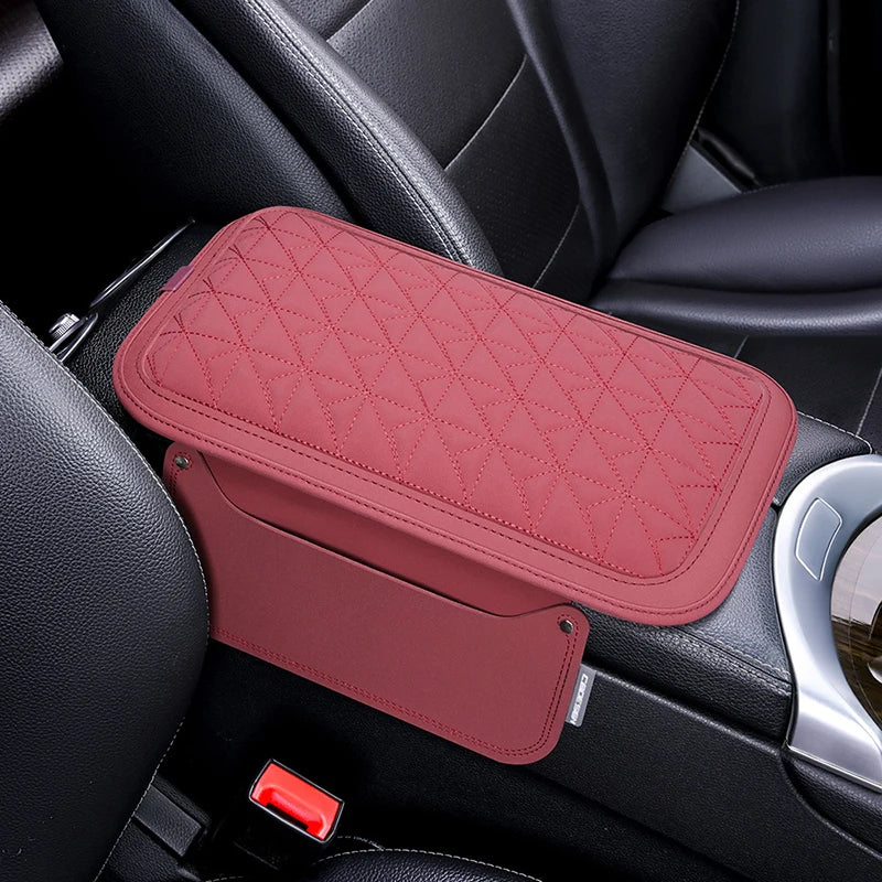 PU Leather Car Armrest Pad with Memory Foam – Center Console Protector Cover with Side Storage Pocket, Universal Fit - Delicate Leather