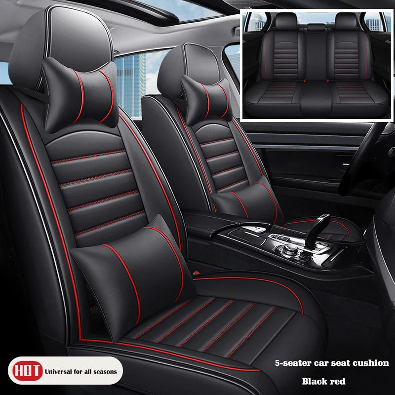 Universal 5-Seat Car Seat Cover Set with Neck & Lumbar Pillow Faux Leather Front and Rear Full Set - Delicate Leather