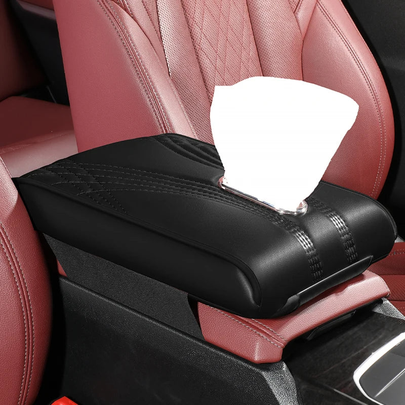 Multi-Functional Leather Car Armrest Pad, Memory Foam Heightening Cushion, Central Console Tissue Holder - Delicate Leather