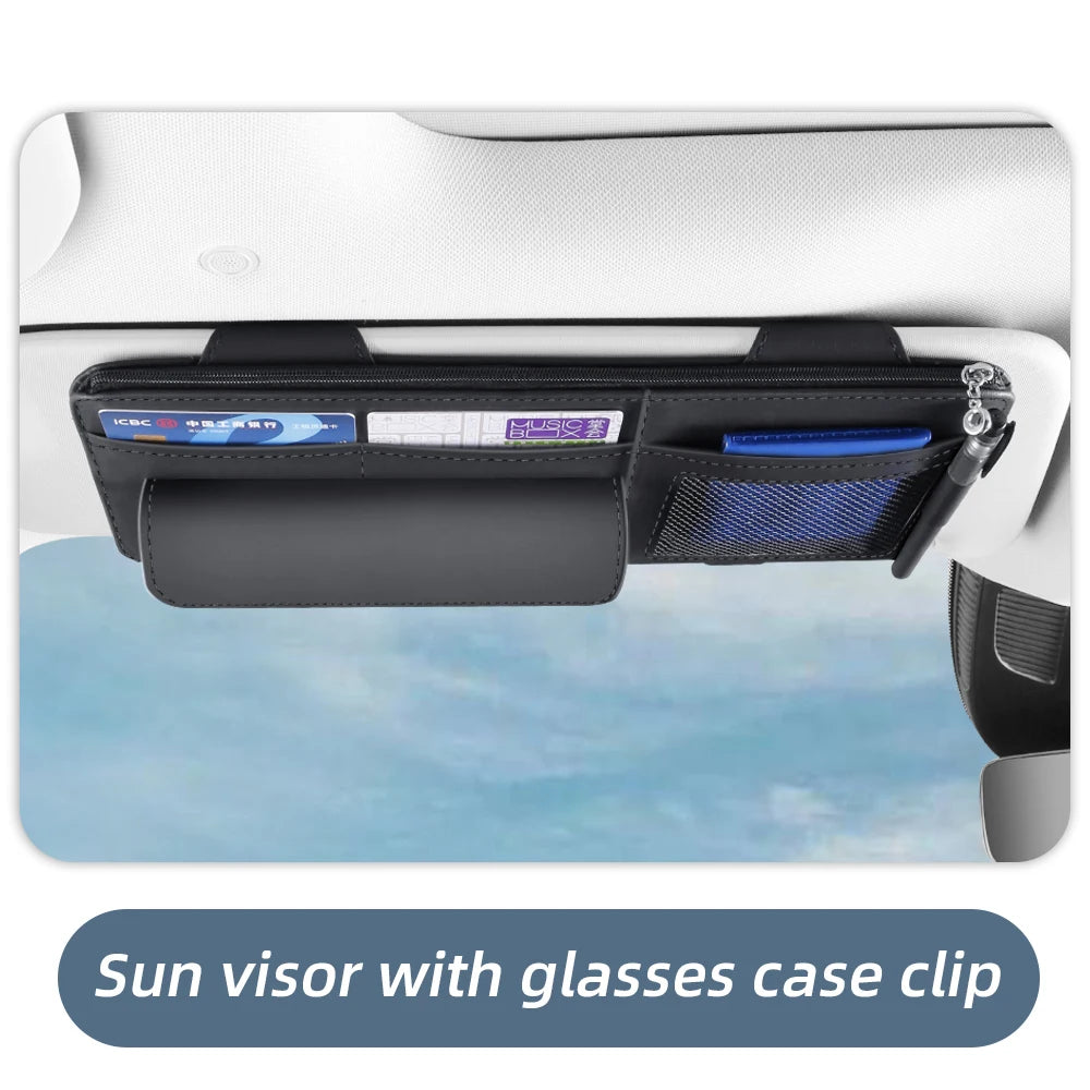 Car Sun Visor Organizer – PU Leather Storage with Glasses Holder, Card & Pen Slots - Delicate Leather