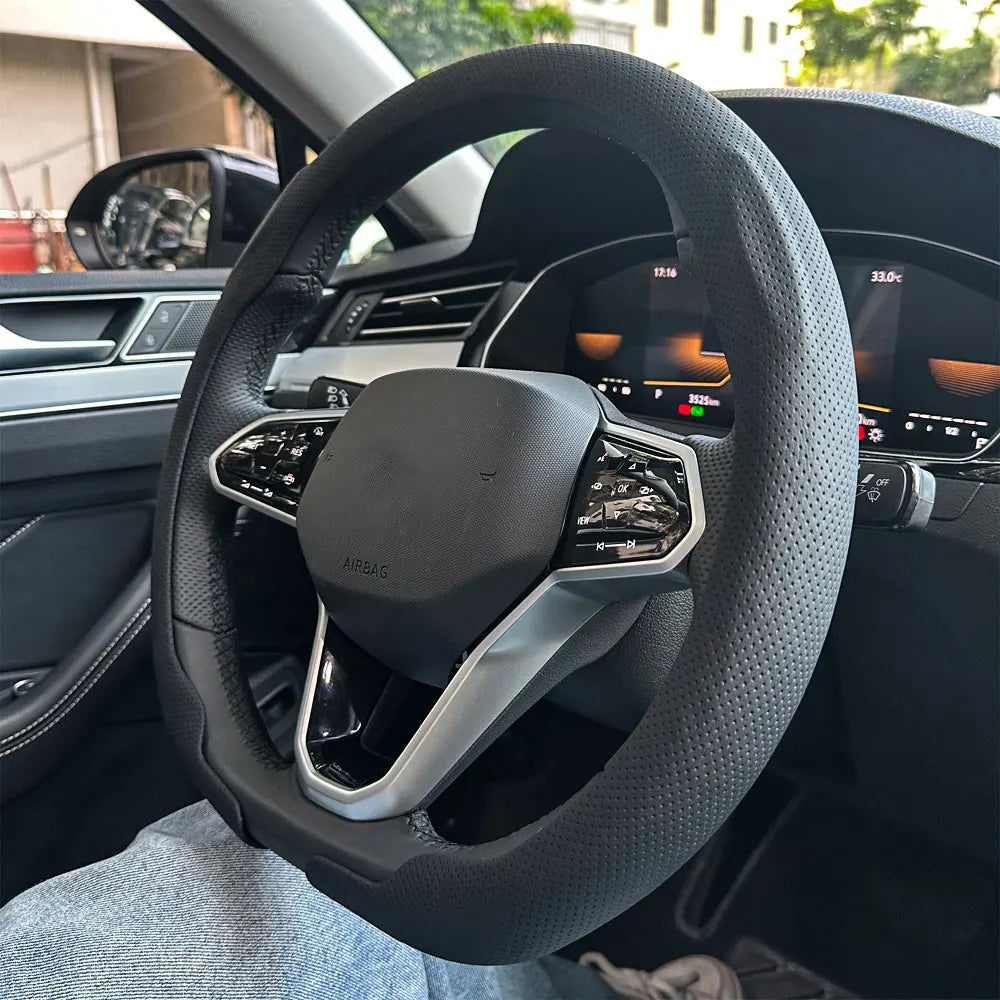 Universal Leather Steering Wheel Cover 36–38cm – Non-Slip Breathable Round Handle Protector - Delicate Leather