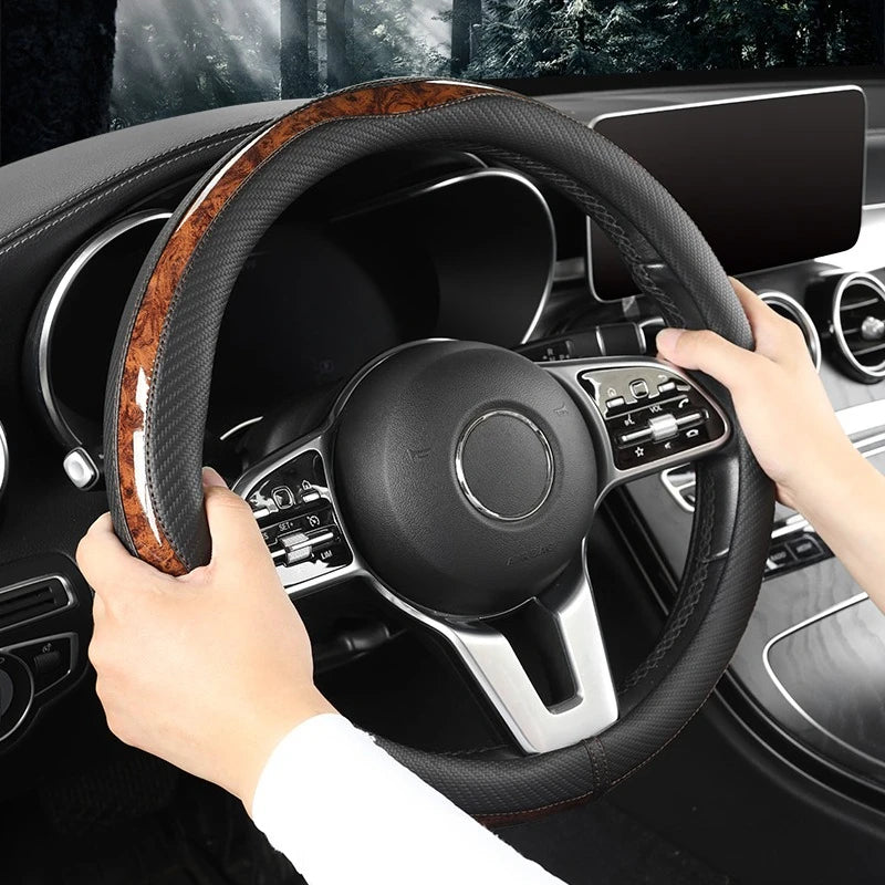 Carbon Fiber Style Steering Wheel Cover – Anti-Slip PU Leather & Wood Grain, 38cm Universal Fit - Delicate Leather