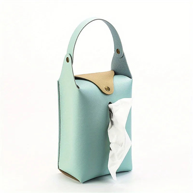 Leather Car Tissue Box Holder with Retaining Strap – Universal Armrest, Seat Back & Sun Visor Napkin Organizer - Delicate Leather