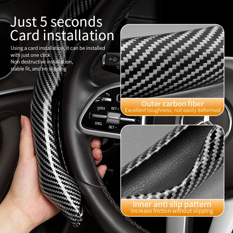 Carbon Fiber Silicone Car Steering Wheel Cover – Universal 38 cm Anti-Slip Grip, Protective All-Season Booster Accessory - Delicate Leather
