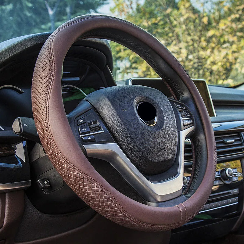 Steering Wheel Cover 37-38cm – Anti-Slip Diamond Wave Pattern Leather Car Handle Cover - Delicate Leather