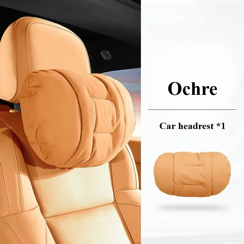 Suede Leather Car Headrest & Lumbar Support Pillow Set – Comfortable Neck and Back Cushions - Delicate Leather