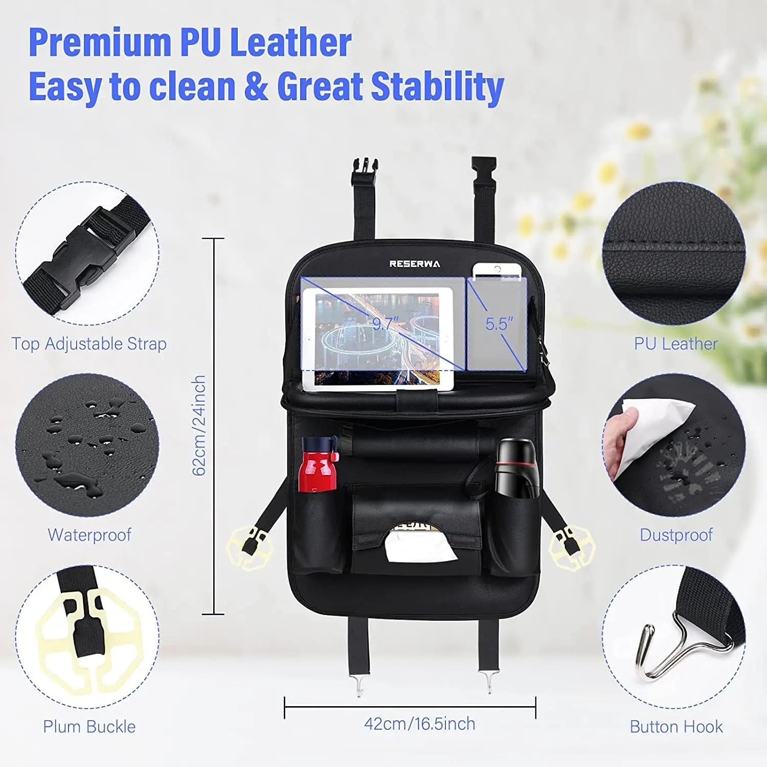 Backseat Organizer With Tablet Holder PU Leather, Custom Fit For Your Cars, Backseat Car Organizer, Car Seat Back Protectors Kick With Foldable Table Tray Car Seat Organizer, Car Accessories (SP4)