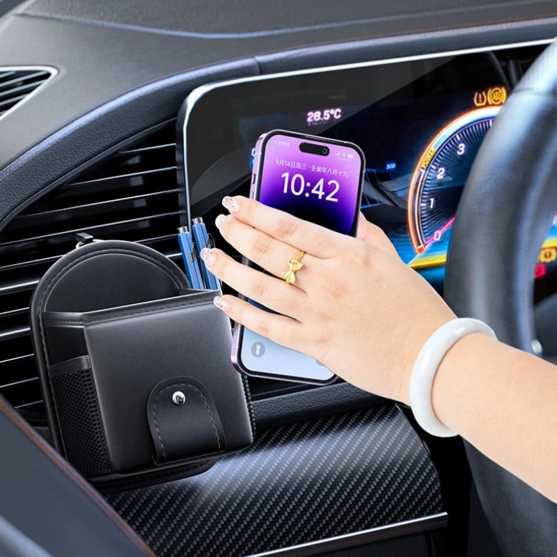 PU Leather Car Air Vent Phone Holder & Storage Bag – Organizer with Glasses Holder for Phones, Keys, and Tissues - Delicate Leather