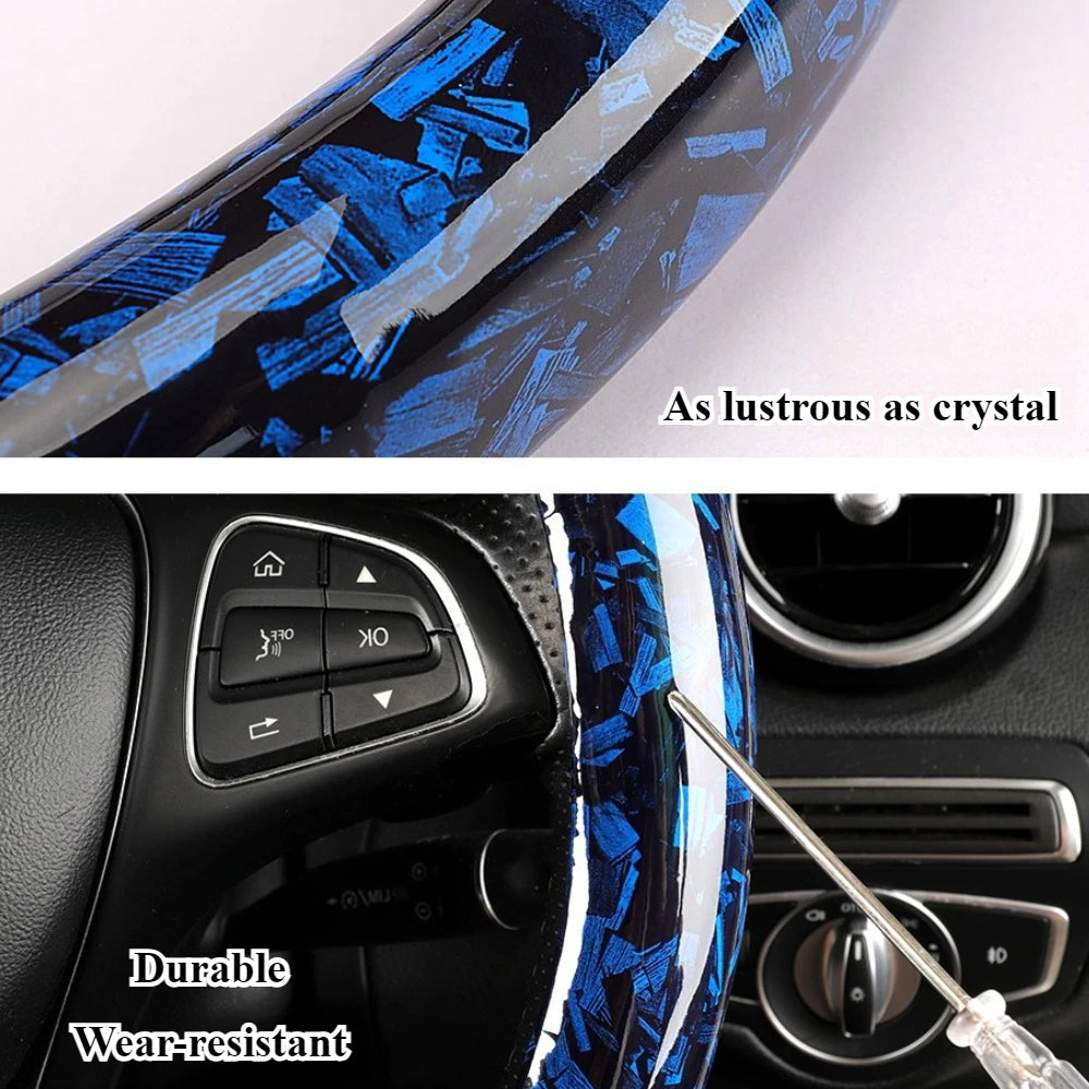 Crystal Carbon Fiber & Leather Steering Wheel Cover 15 Inch – Anti-Slip Rubber Grip, All-Season Universal Fit - Delicate Leather