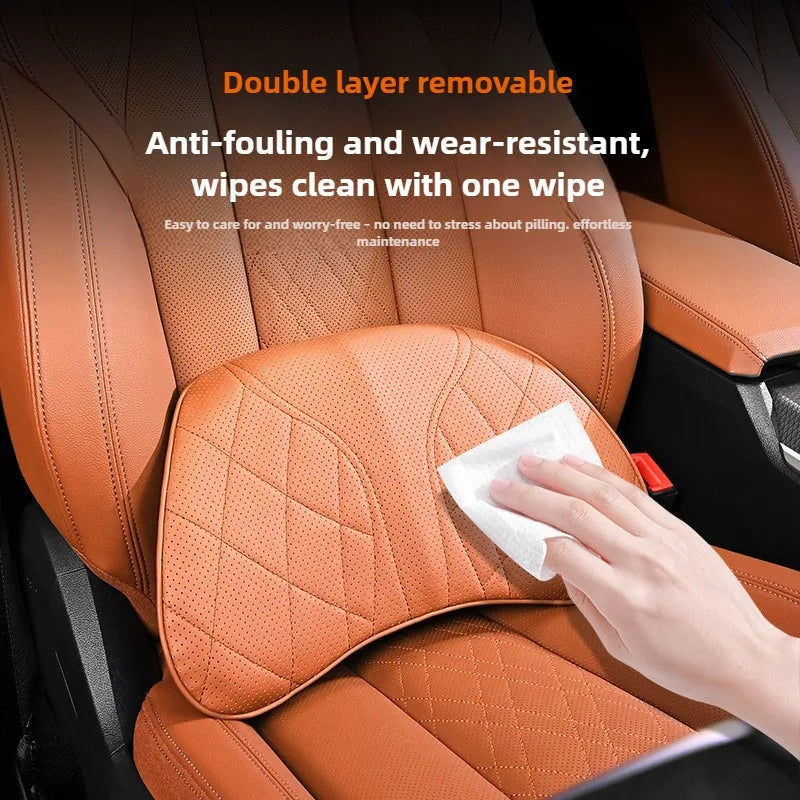Memory Foam Car Neck & Lumbar Pillow Set – Nappa Leather Headrest and Waist Support - Delicate Leather