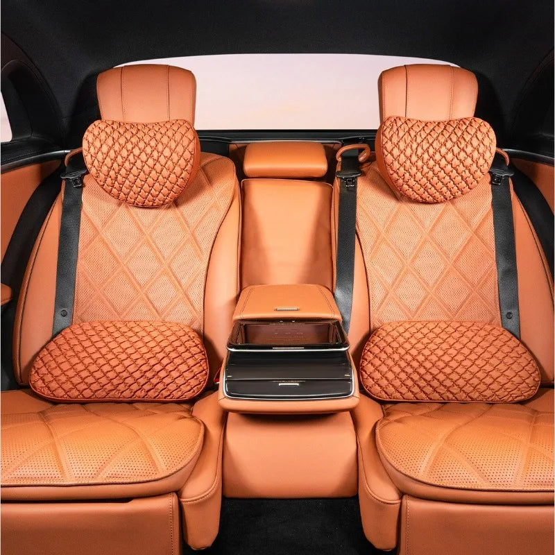 Luxury Leather Car Neck & Lumbar Pillow Set – Ergonomic Memory Foam Headrest and Waist Support for Auto Seats - Delicate Leather