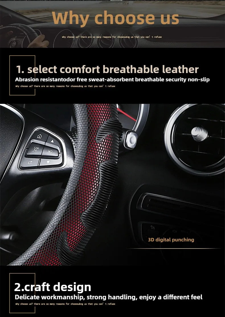 Carbon Fiber Leather Steering Wheel Cover – Silicone Honeycomb Grip, Universal Fit 37–38 cm - Delicate Leather