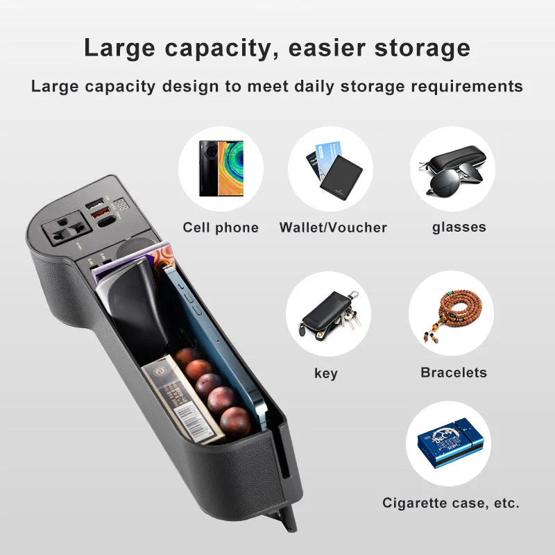 Car Seat Gap Organizer with Power Inverter – 12V/24V to 220V Converter with 4 USB Ports - Delicate Leather