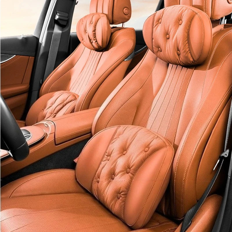 Universal Car Headrest & Lumbar Support Cushion – Nappa Leather Neck and Lumbar Pillows for Comfort - Delicate Leather