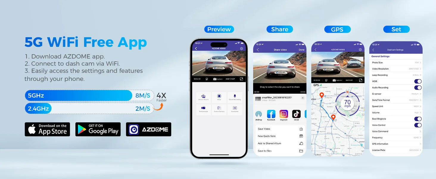 4K AZDOME M300S Dash Cam – Front and Rear, GPS, 5.8G WiFi, WDR Night Vision, with Voice Control and Free 64GB SD Card 29 - Delicate Leather