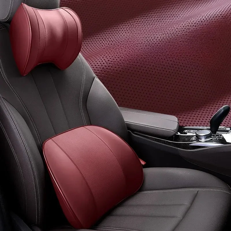 Ventilated Memory Foam Car Neck & Lumbar Pillow – Slow Rebound, Universal Seat Support - Delicate Leather