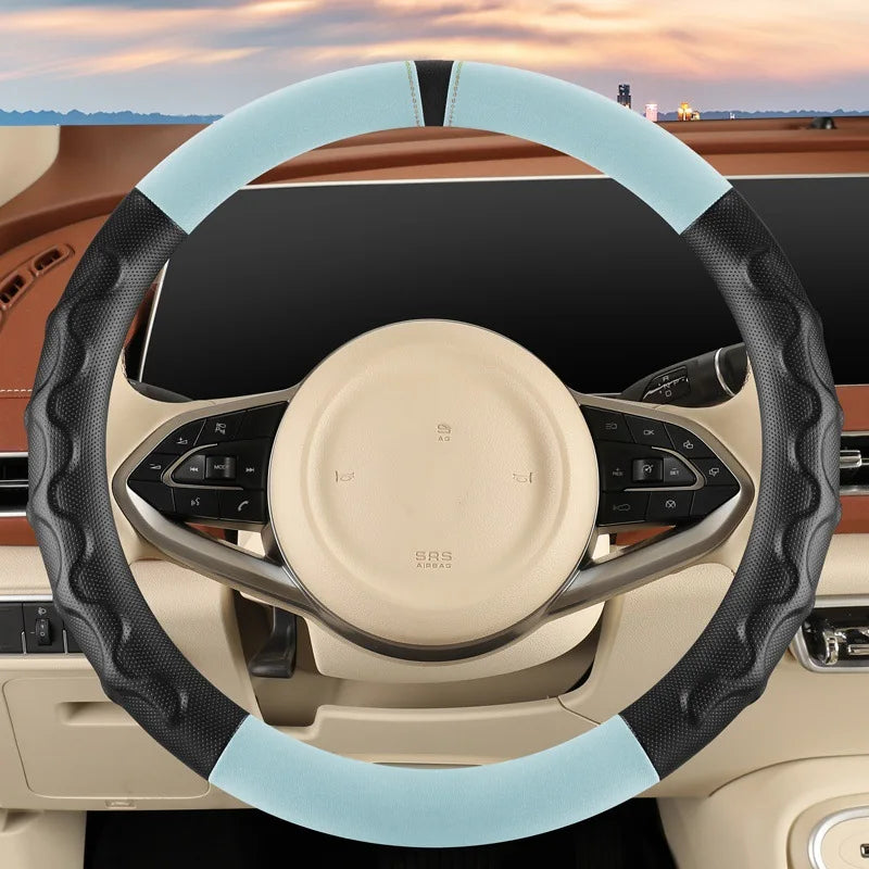 Universal 38cm Steering Wheel Cover – All-Season Non-Slip Faux Leather with 3D Corrugated Grip, Wear-Resistant Car Handle Cover - Delicate Leather