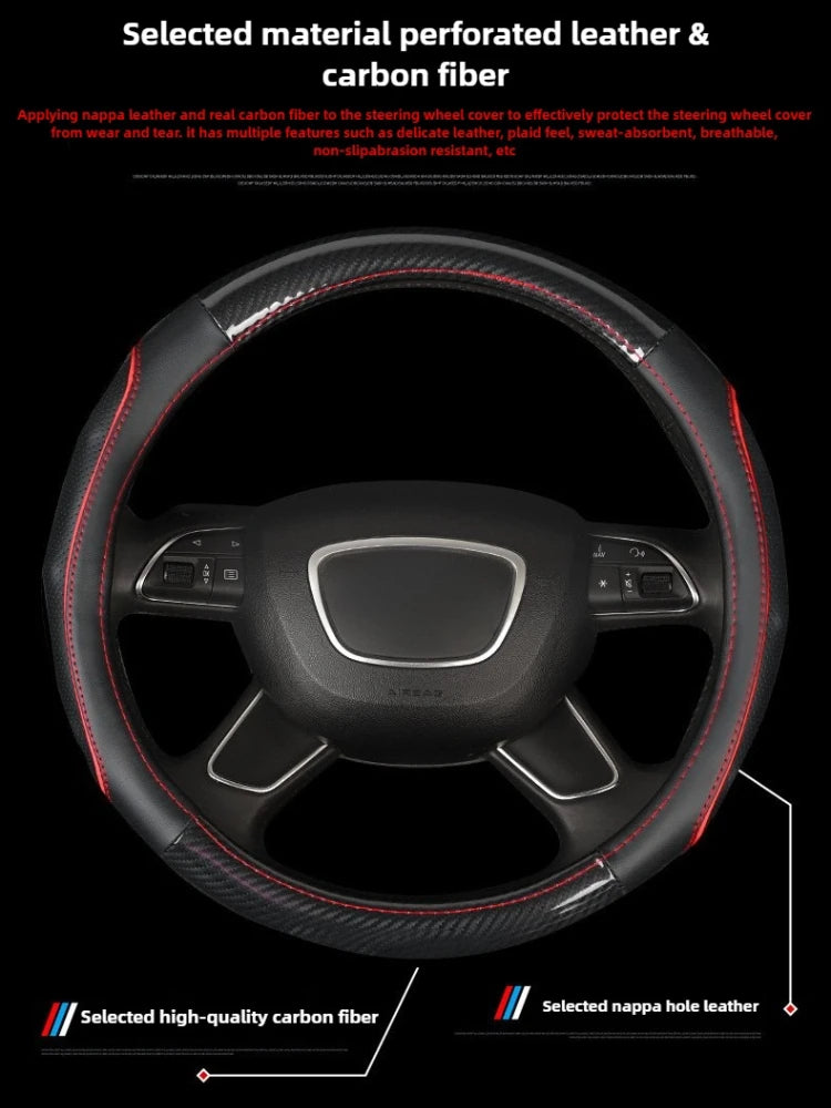 Carbon Fiber & Nappa Leather Steering Wheel Cover – Universal 37–38cm, Non-Slip Silicone Grip, 3D Textured Design, Breathable & Durable - Delicate Leather