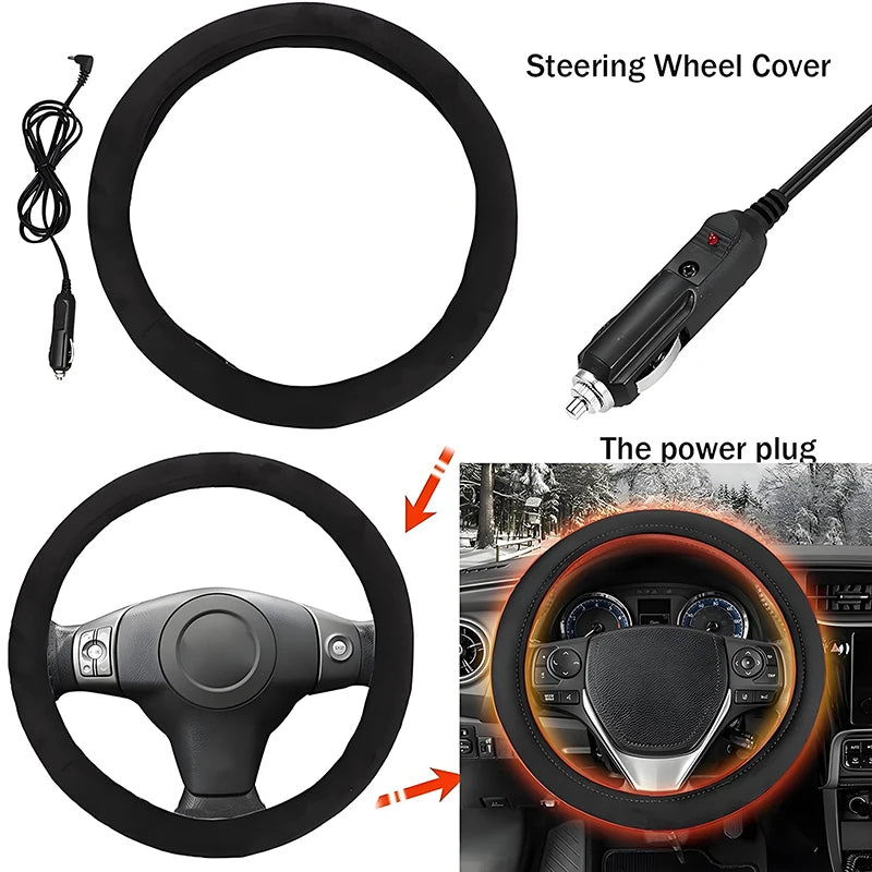 12V Heated Steering Wheel Cover – Fast Heating Plush Wheel Protector for Winter Driving - Delicate Leather