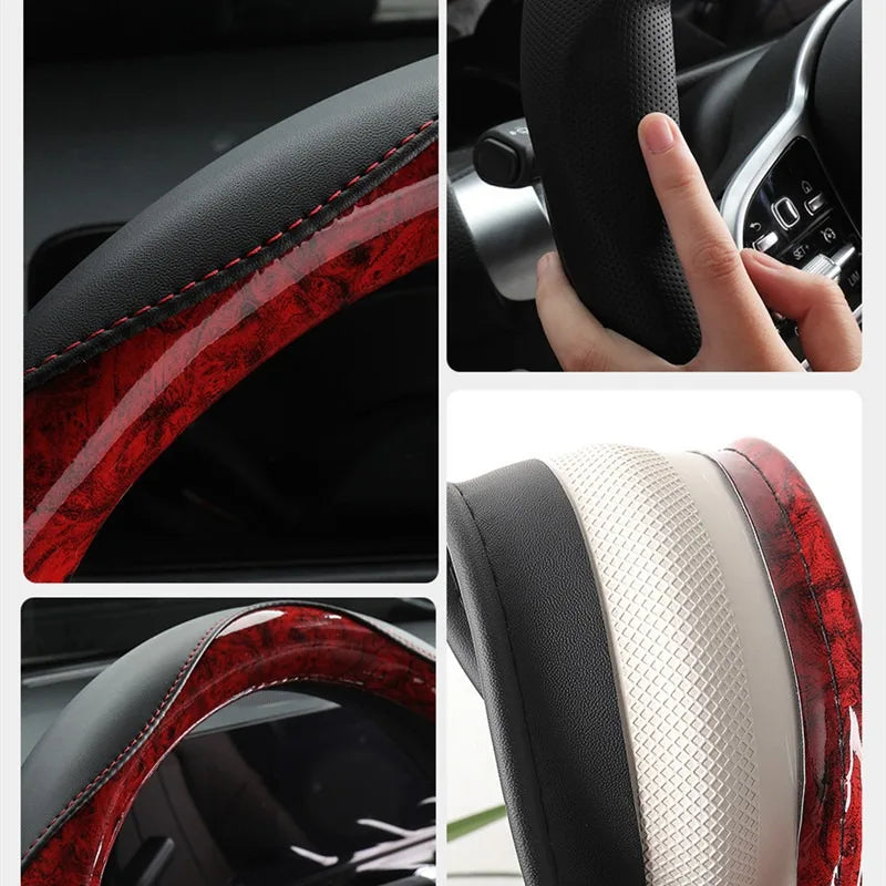 Wood Grain Steering Wheel Cover – Universal Microfiber & Carbon Fiber Leather, 3D Anti-Slip Grip, Breathable All-Season Car Accessory - Delicate Leather