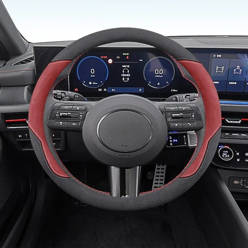 Suede Leather Steering Wheel Cover – Soft Grip Universal Cover for 37–38 cm Wheels - Delicate Leather