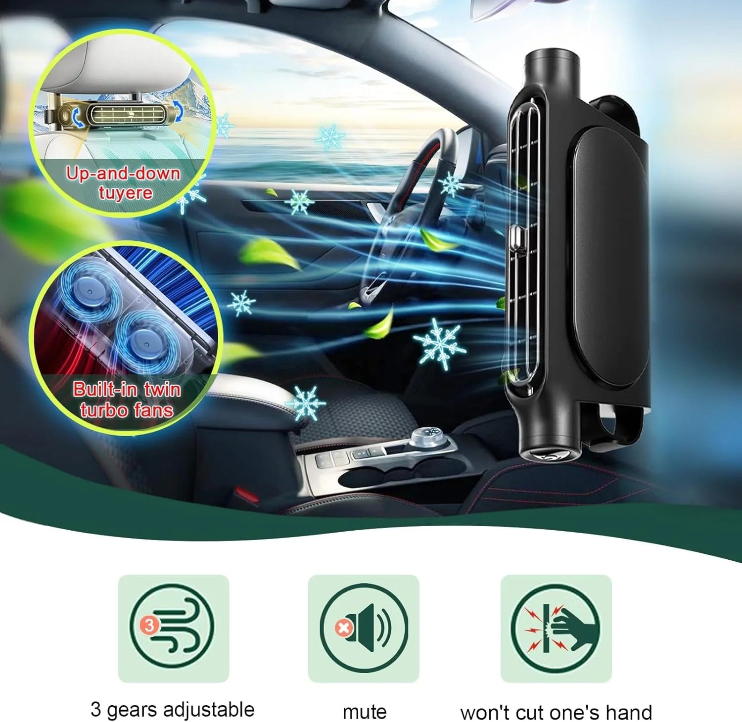 USB Car Seat Cooling Fan – 3-Speed Adjustable Headrest Air Circulation Fan - Delicate Leather