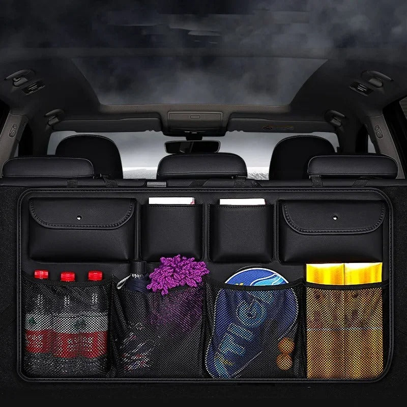 PU Leather Car Rear Seat Back Storage Bag – Foldable Trunk Organizer for Universal Use - Delicate Leather