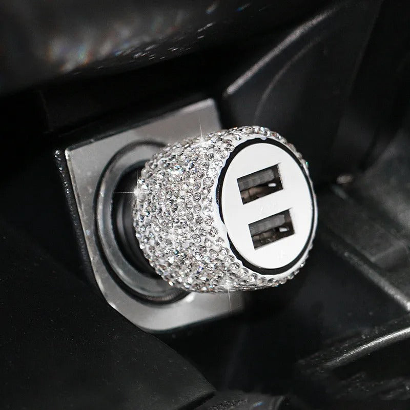 Bling Dual Port USB Car Charger – 5V 2.1A Fast Adapter with Rhinestone Design, Gift For Mother's Day 2025 - Delicate Leather