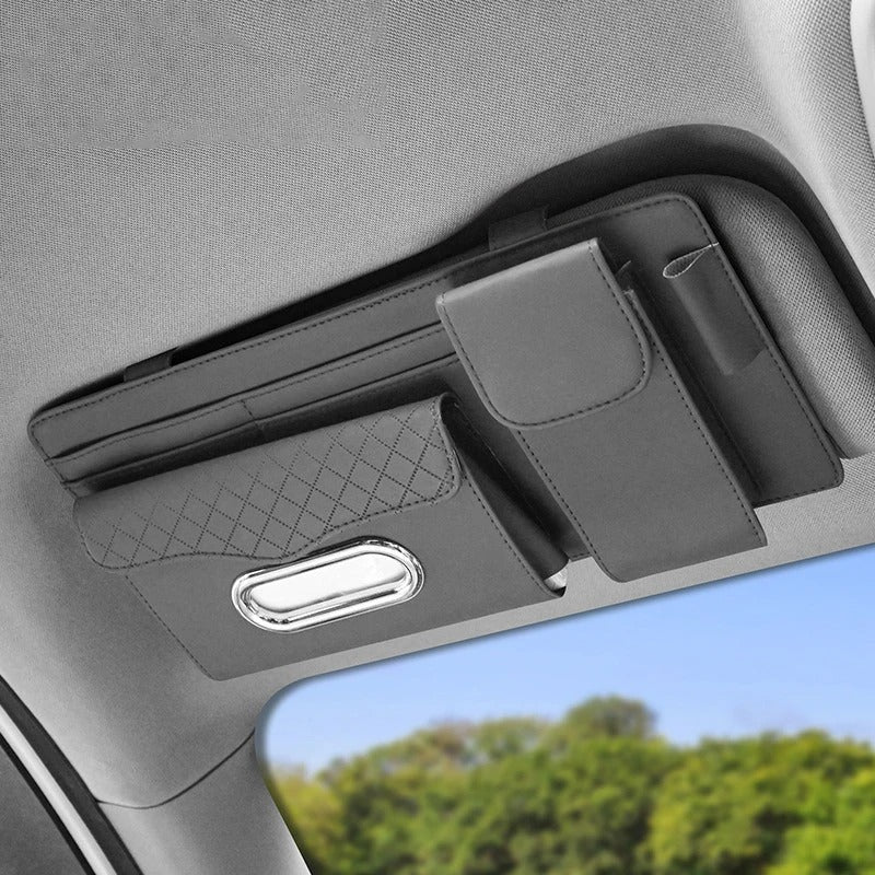 4-In-1 Sun Visor Car Glasses Clip Multi-Functional Storage Box - Delicate Leather