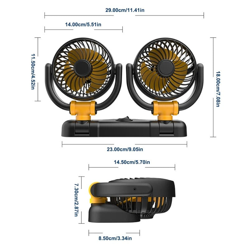 5/12/24V Car Fan Cooling Car Fan 2 Speed USB 360 Degree Adjustable Dual Head Electric Car Cooler for Truck Home Office - Delicate Leather