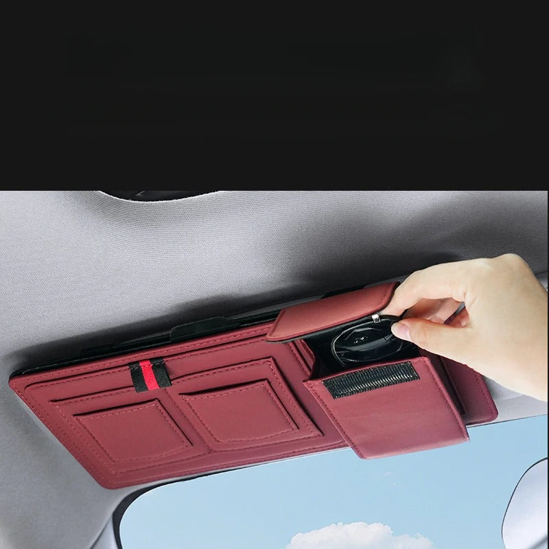 Leather Car Sun Visor Organizer – Universal Sunglasses Holder with Card & Pen Storage - Delicate Leather