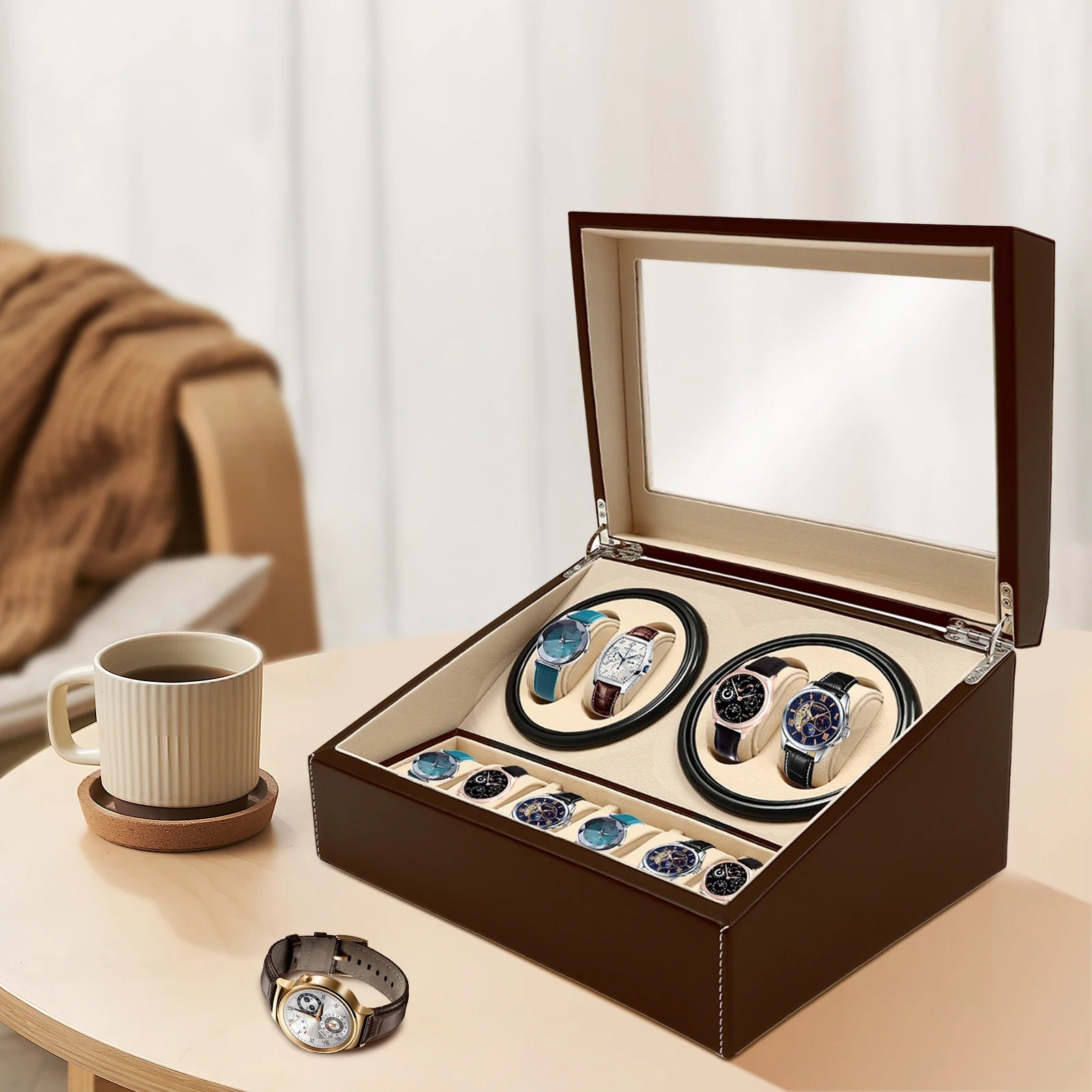 4+6 Automatic Rotation Leather Wood Watch Winder Storage Display Case with Pillow, Luxury Box - Delicate Leather
