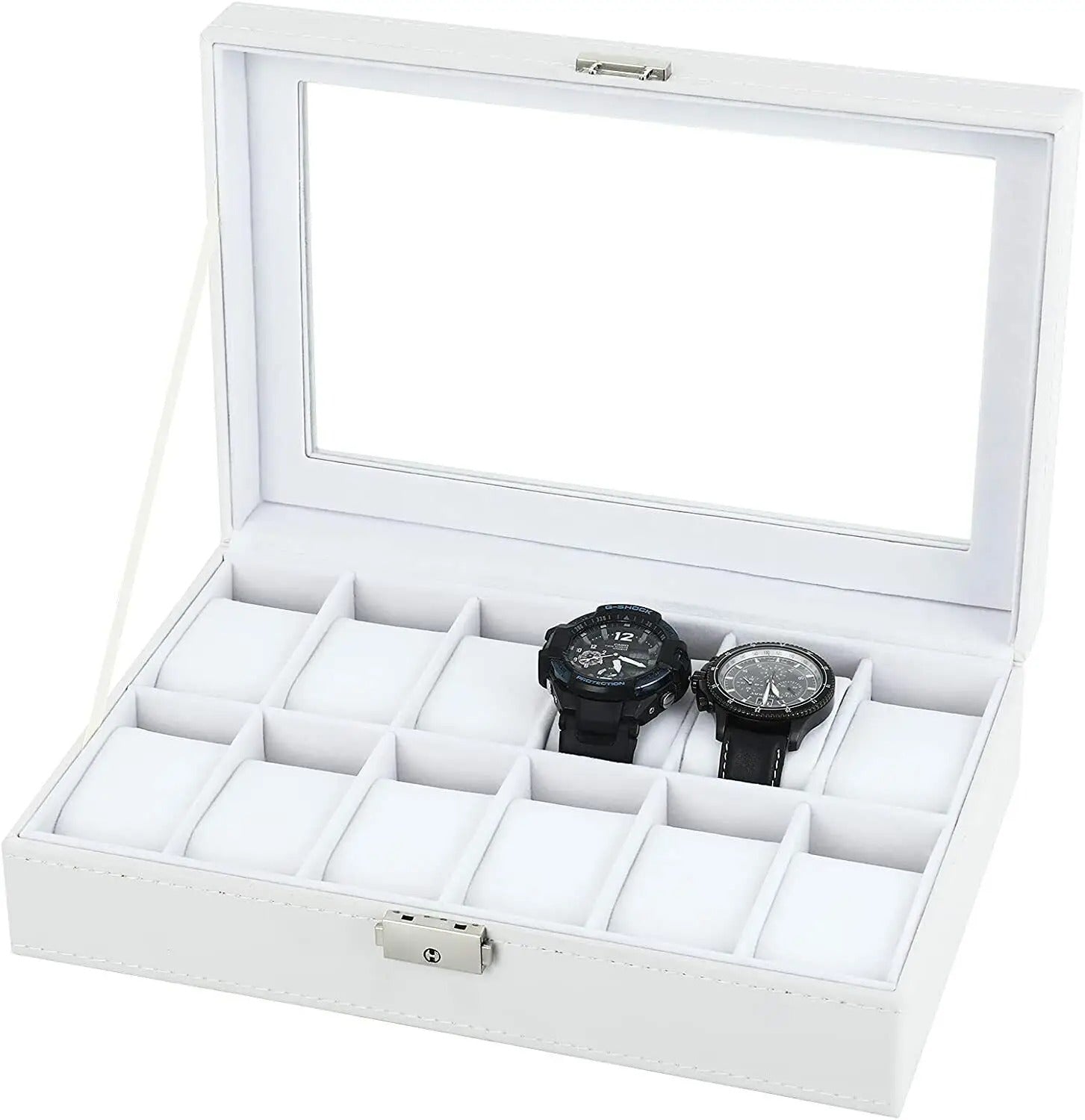 US 24/12 Slot Watch Box Leather Display Case, Top Glass Storage Watch Case, Jewelry Display Storage