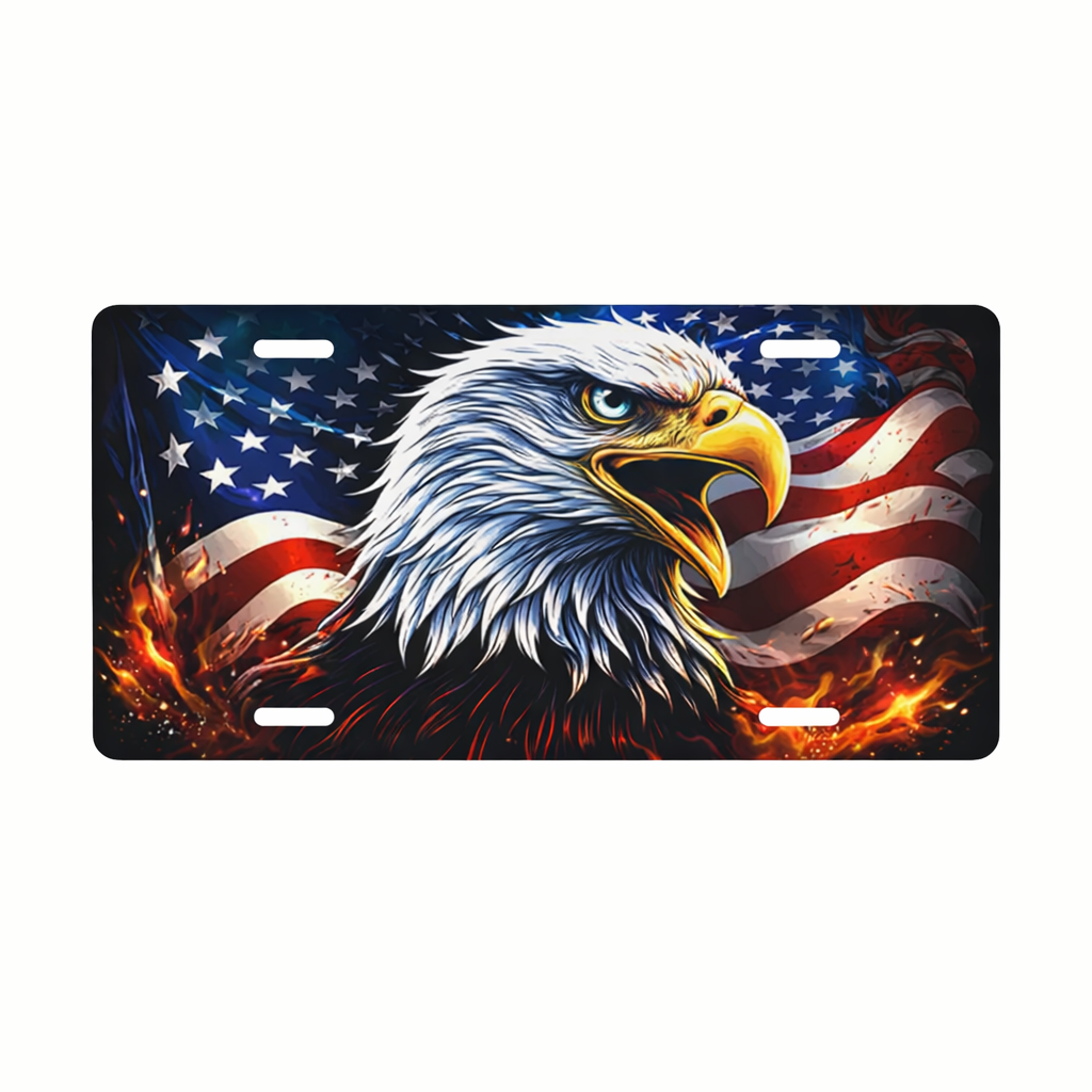 American Flag Eagle Aluminum License Plate – Decorative Metal Front Tag, Vintage Wall Mount Sign - Delicate Leather