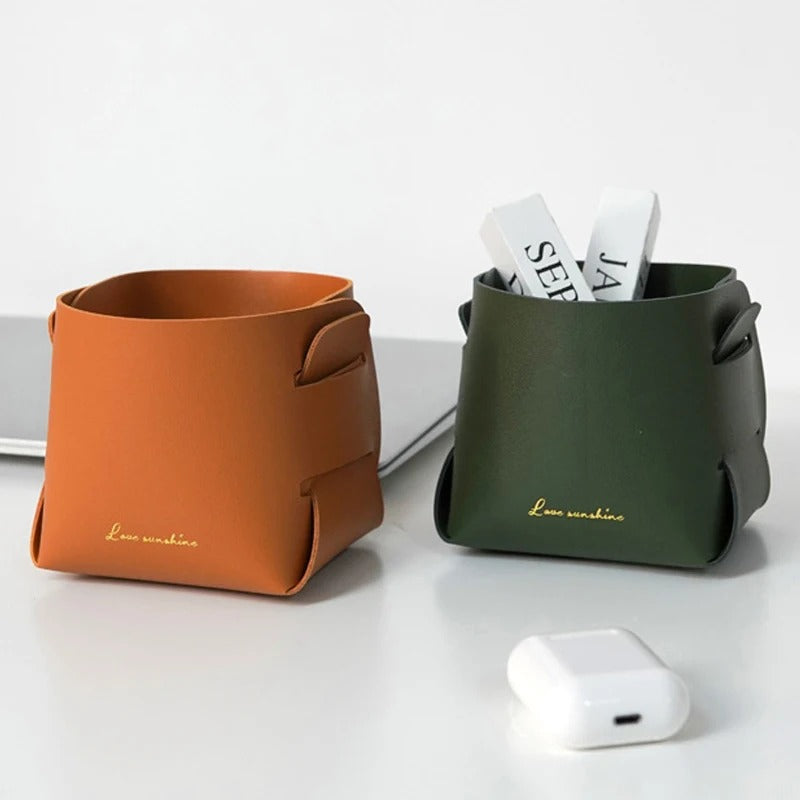Folding Desktop Leather Storage Box Nordic PU Storage Tray - Delicate Leather