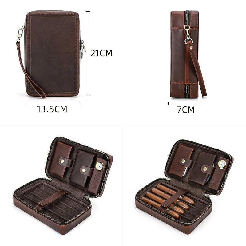 4-Pack Cigar Box with Wrist Zipper - Outdoor Travel Set, Moisturizing and Moisture-Proof Storage - Delicate Leather