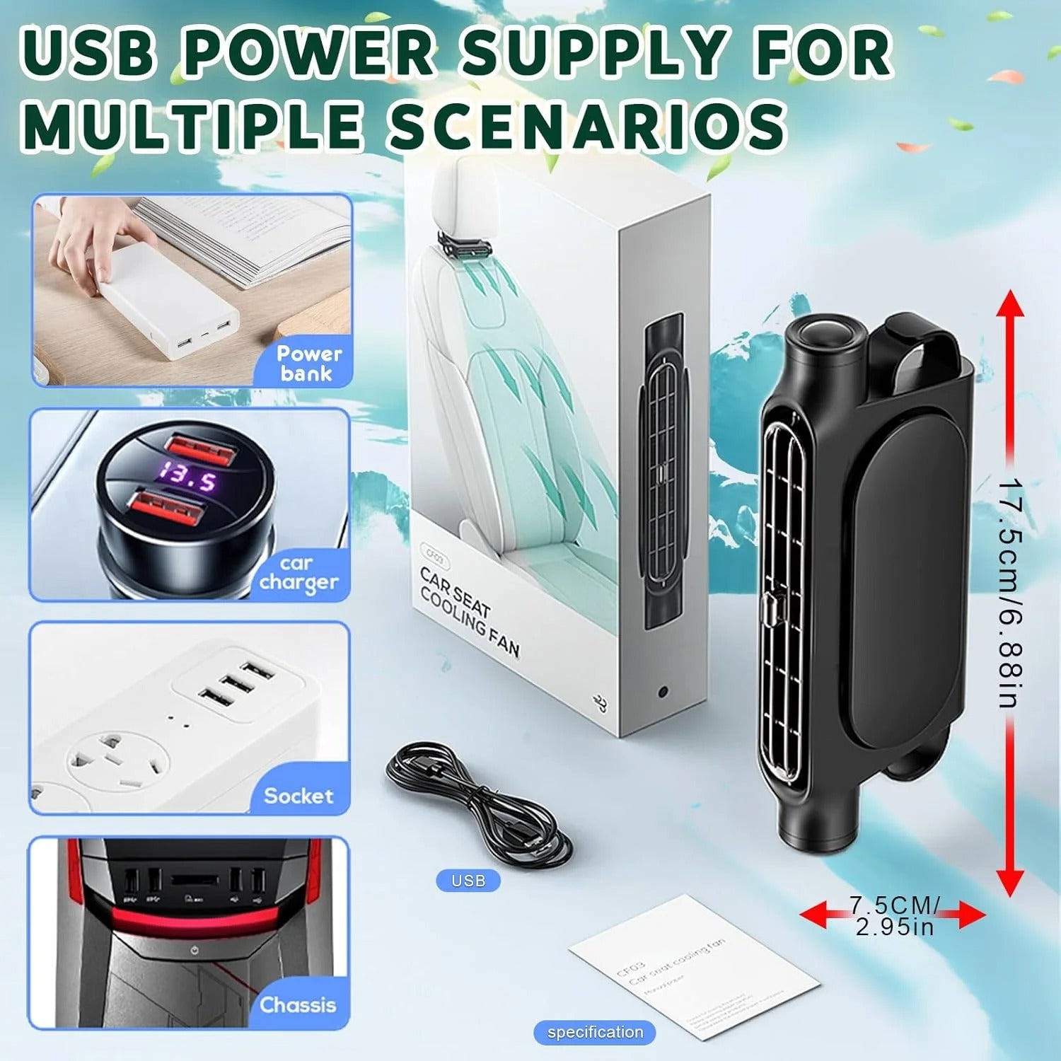 USB Car Seat Cooling Fan – 3-Speed Adjustable Headrest Air Circulation Fan - Delicate Leather